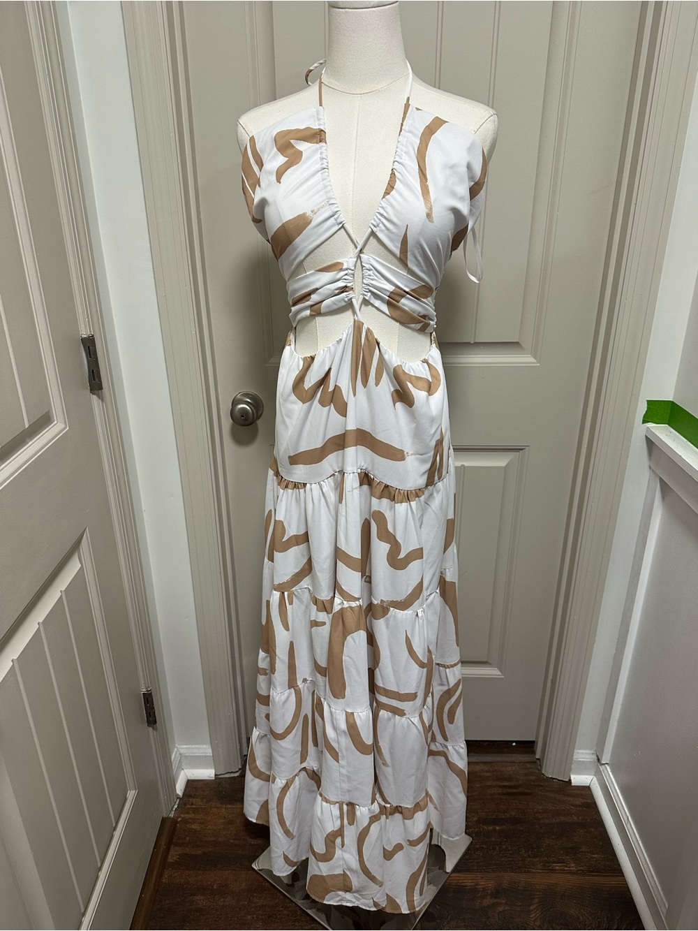 White and Tan Abstract Halter Maxi Dress